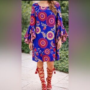 Floral Bell Sleeve Dress - Blue and Red size 12